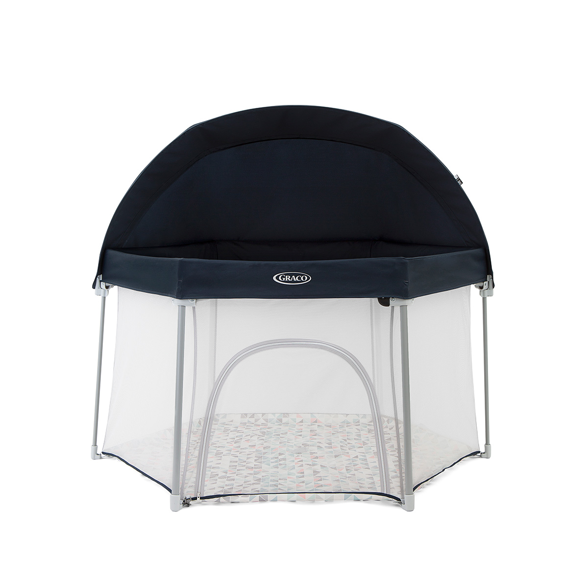 Graco EverGo playpen with canopy front angle on white background.