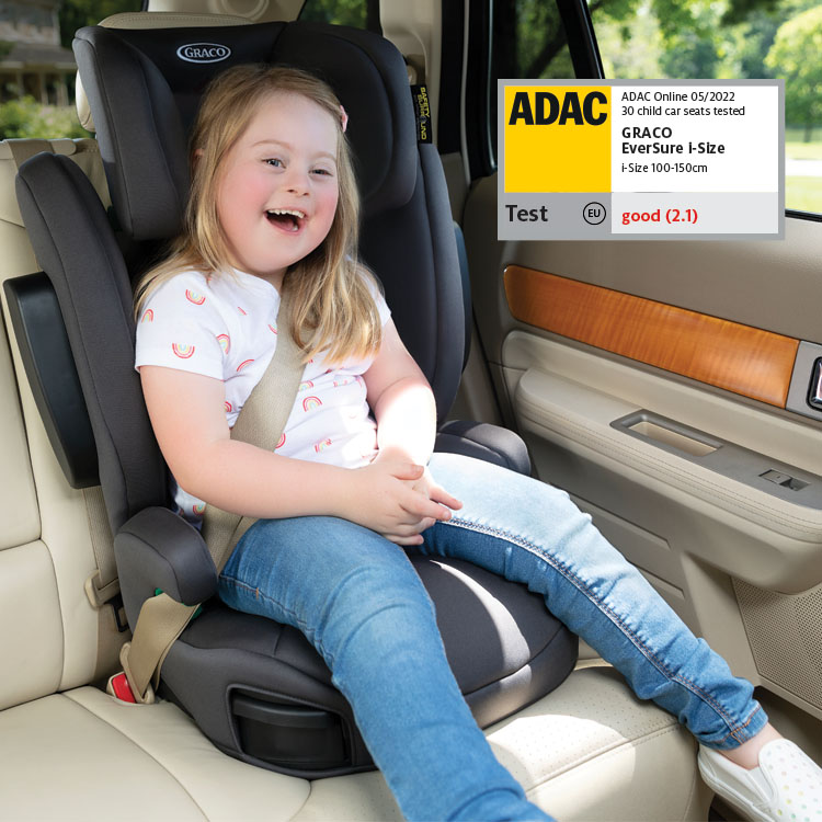 Girl buckled in Graco EverSure i-Size highback booster with ADAC logo
