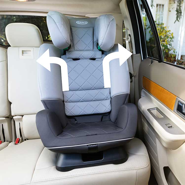 Graco SlimFit R129 car seat in car with graphic showing adjustable width.
