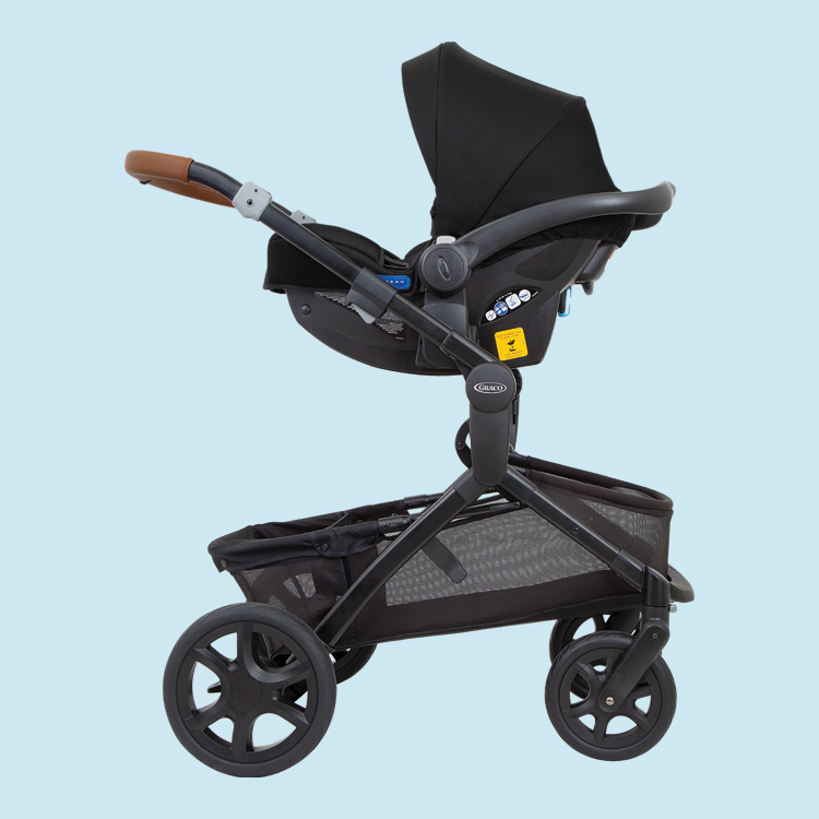 Graco SnugRide i-Size infant car seat midnight black on Near2Me Elite fram on blue background