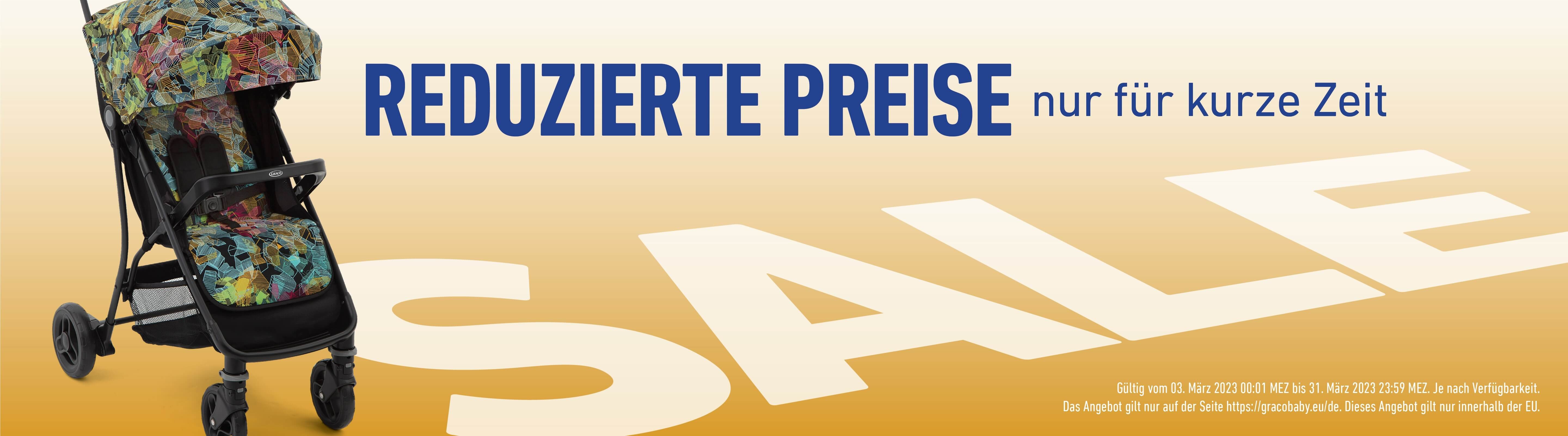 Der Buggy Graco Breaze Lite 2 in der Farbe Kaleidoscope vor einem Text, der den Sale und die reduzierten Preise für eine begrenzte Zeit ankündigt