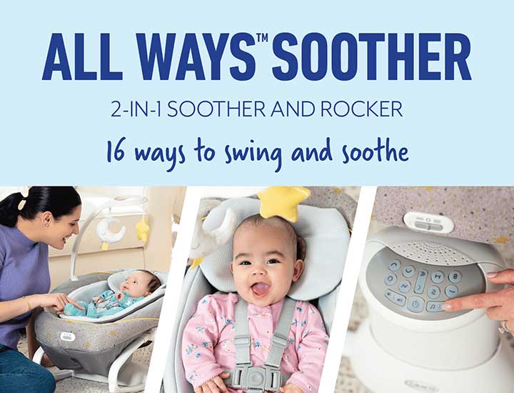 Mum and babies in Graco All Ways Soother in living room with 16 ways to swing and soothe text. 