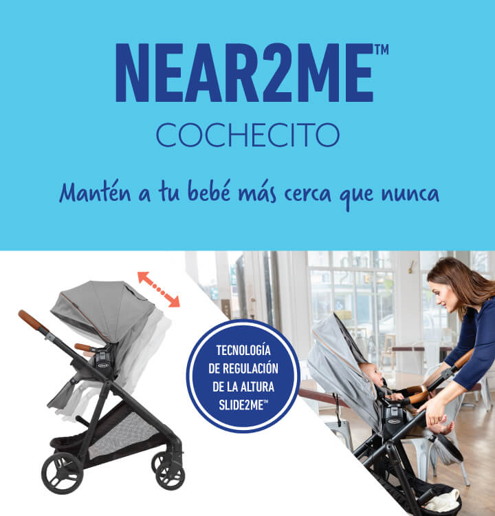 Mamá en un café con su bebé usando el cochecito Graco Near2Me con texto de silla ajustable en altura Slide2Me.
