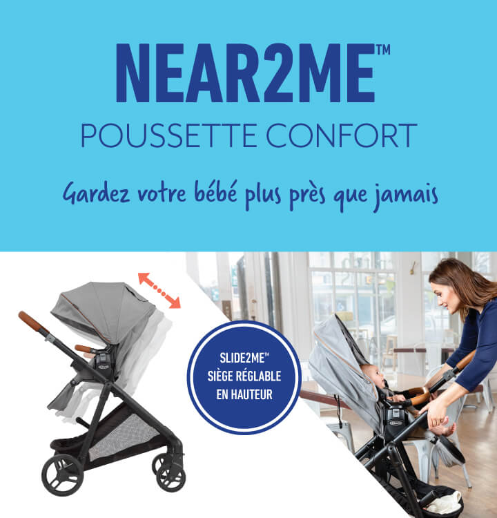 Maman au café avec bébé utilisant la poussette Graco Near2Me avec le texte de la chaise réglable en hauteur Slide2Me.