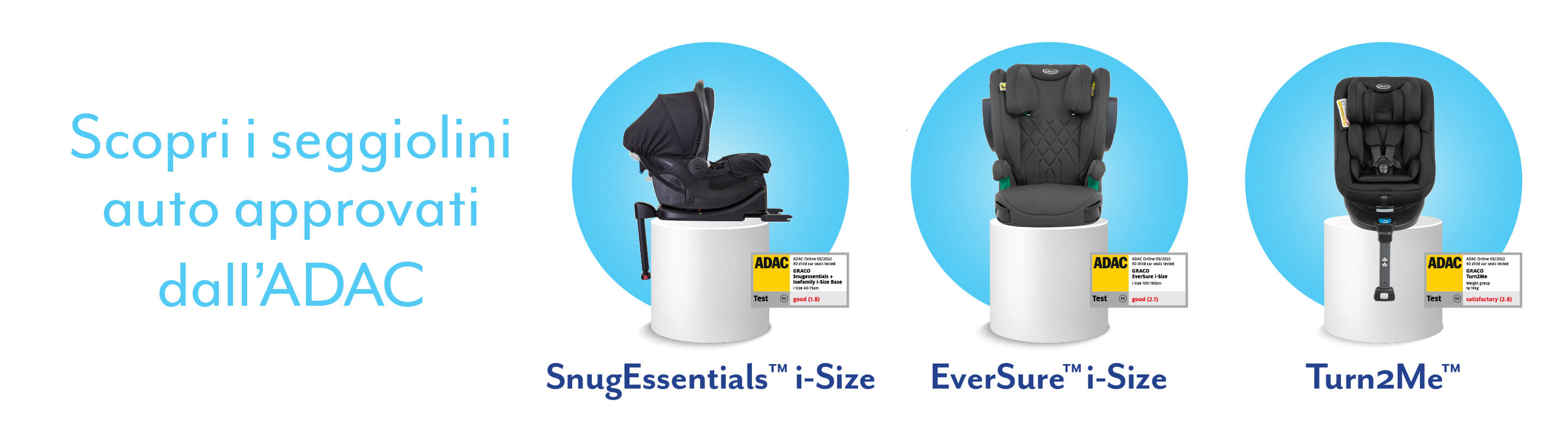 Seggiolini auto Graco SnugEssentials i-Size, EverSure i-Size e Turn2Me su un piedistallo bianco