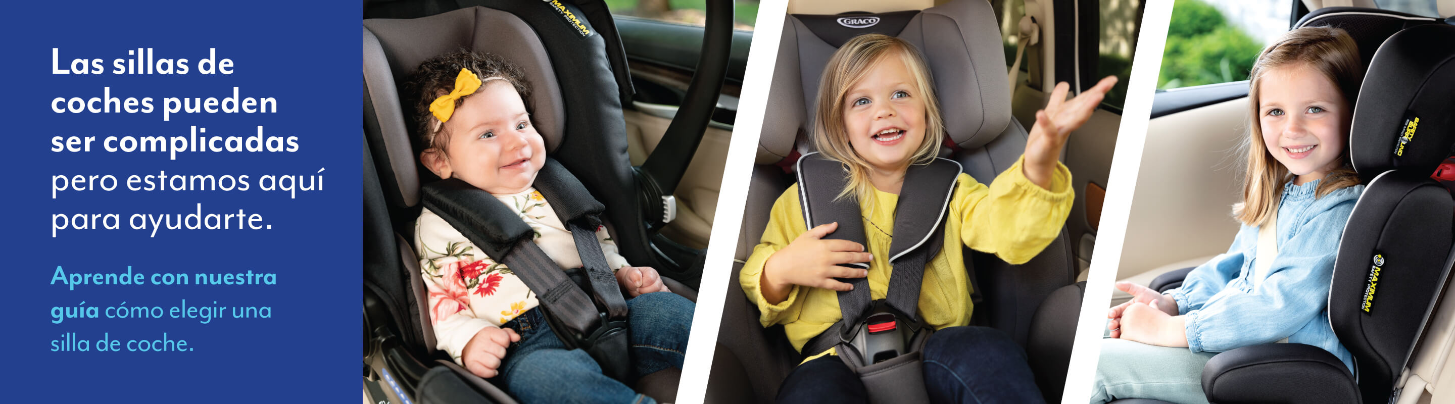 3 niños sonriendo y sentados en 3 sillas de coche diferentes. Haz clic para visitar la guía de compra de sillas de coche de Graco.