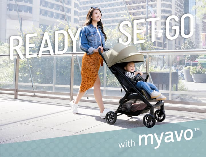 Mum and baby walking through the city in Graco Myavo with Ready, Set, Go text. 