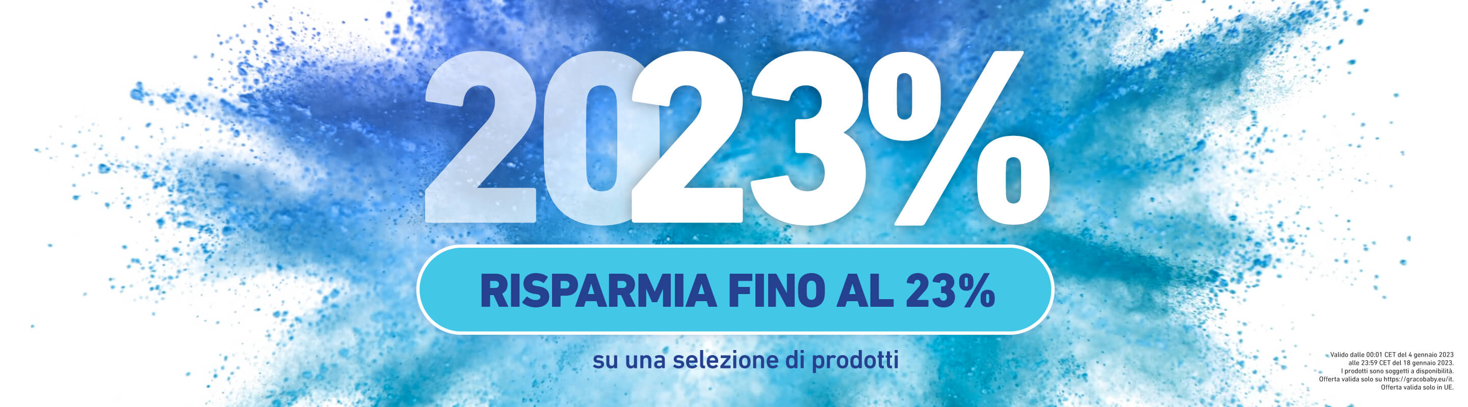Immagine con polvere blu e testo che annuncia il risparmio fino al 23%.