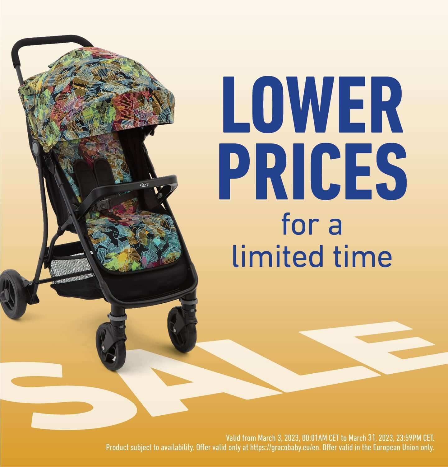 Graco Breaze Lite 2 stroller in kaleidoscope in front of text that states sale and lower prices for a limited time
