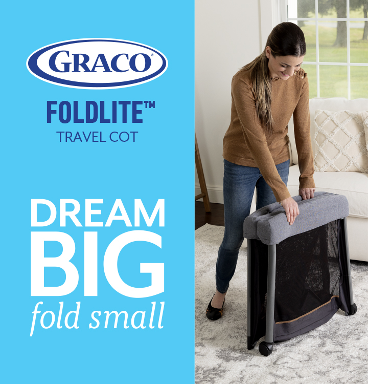 Woman compactly folding FoldLite travel cot in her living room.